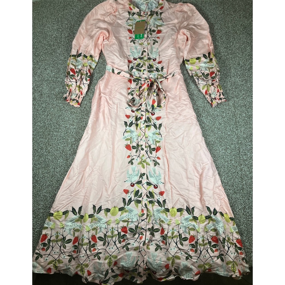 Boden Ruby Botanical Shirt Dress Pink Bird Strawberry Midi Size 6 Regular NWT